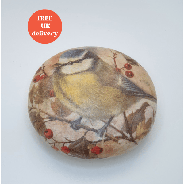 Bluetit garden bird decorated wooden pebble, gift for a bird lover