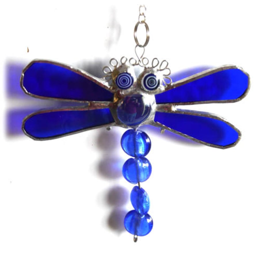 SOLD Dragonfly Suncatcher Stained Glass Blue Bead-Tailed 046