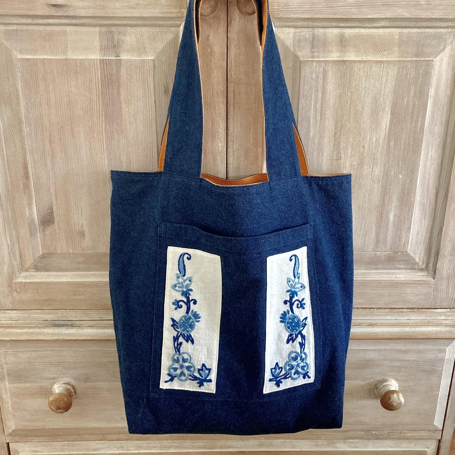 Reversible Denim And Orange Tote Bag With Vintage Embroidery  