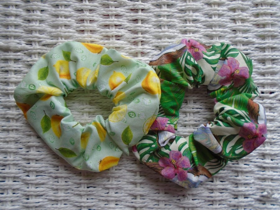 Pack of 2  Hair Scrunchies Tropical & Lemons 
