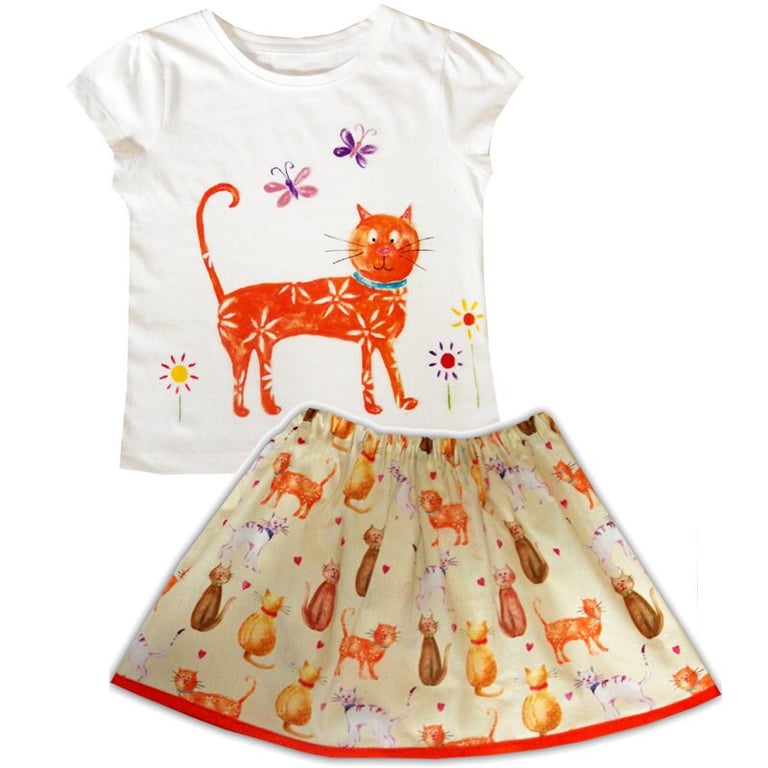 Girls Cat Skirt and T-Shirt, Girls Clothes, Baby Clothing 