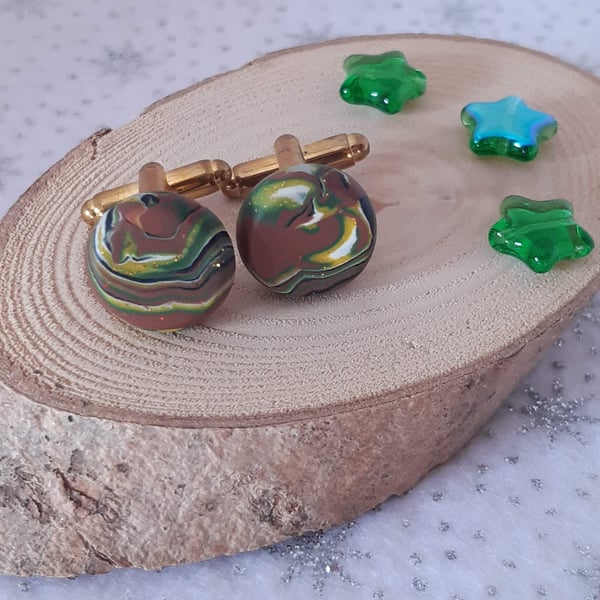 Polymer clay cufflinks in a brown swirl design with gift box