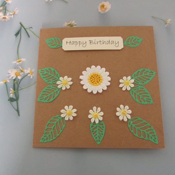 Happy Birthday Kraft Card Embroidered Daisy Embellishment with Die Cut Leaves