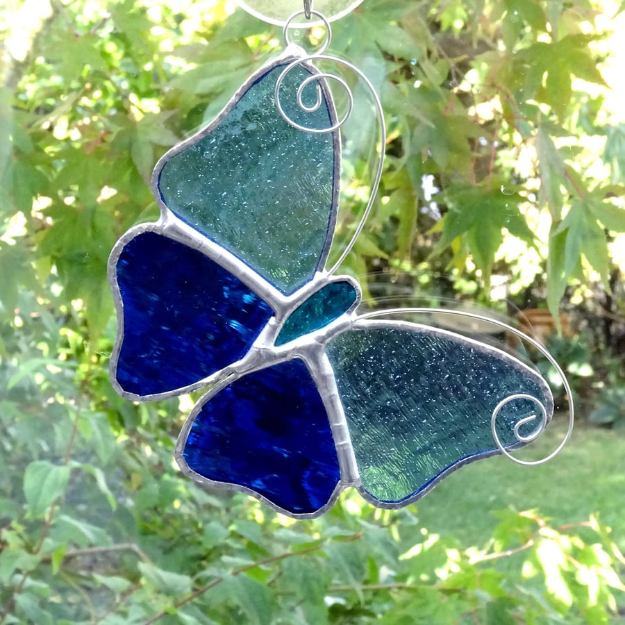 Stained Glass Butterfly Suncatcher - Handmade Decoration - Pale and Dark Blue