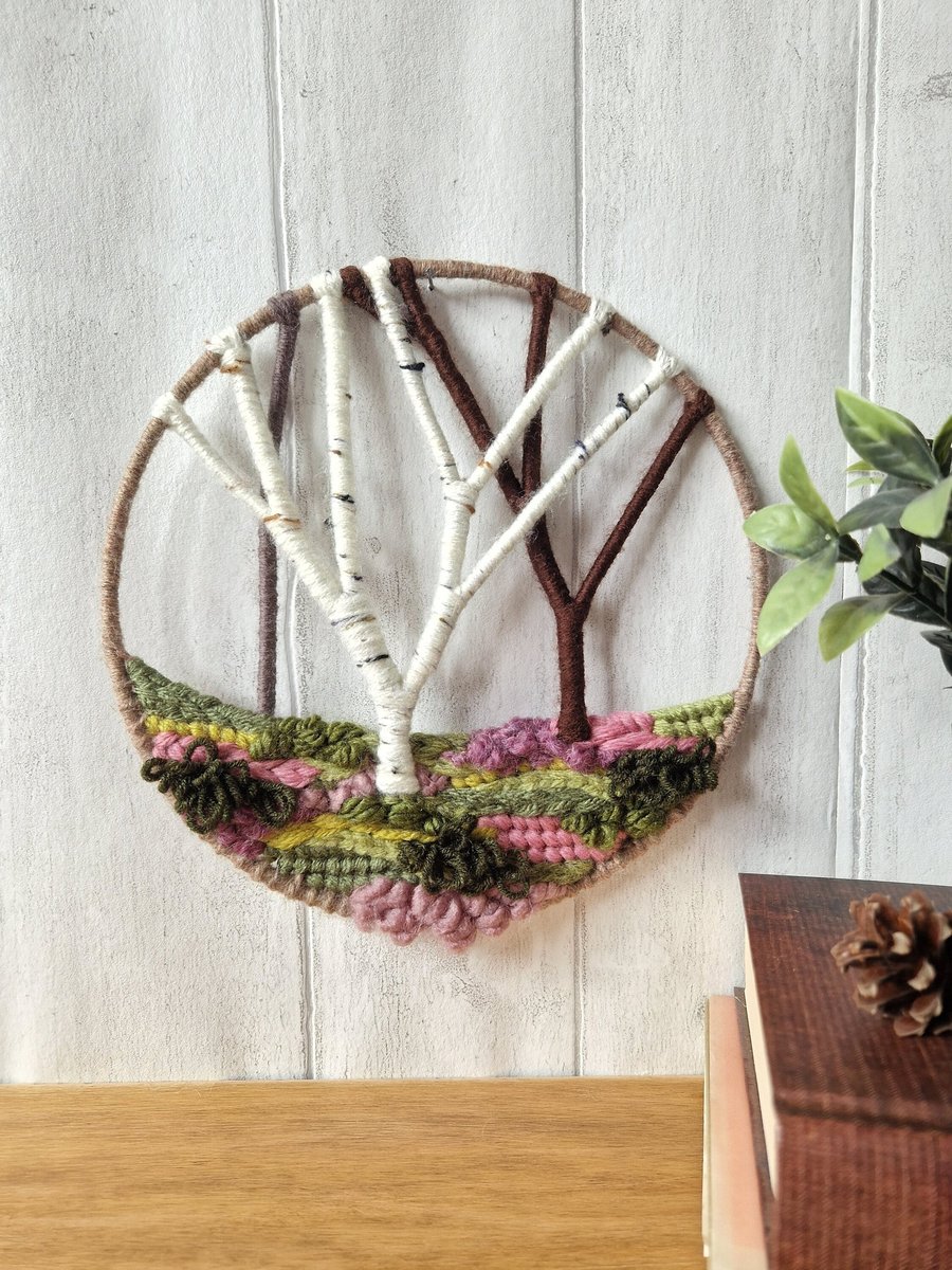 20cm Woodland Tree Fiber Art in Hoop, Treescape Weaving