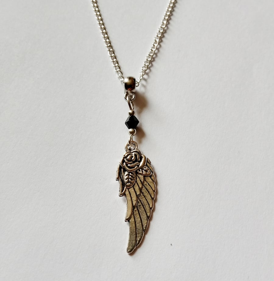 Black Crystal Rose Angel Wing Gothic Necklace
