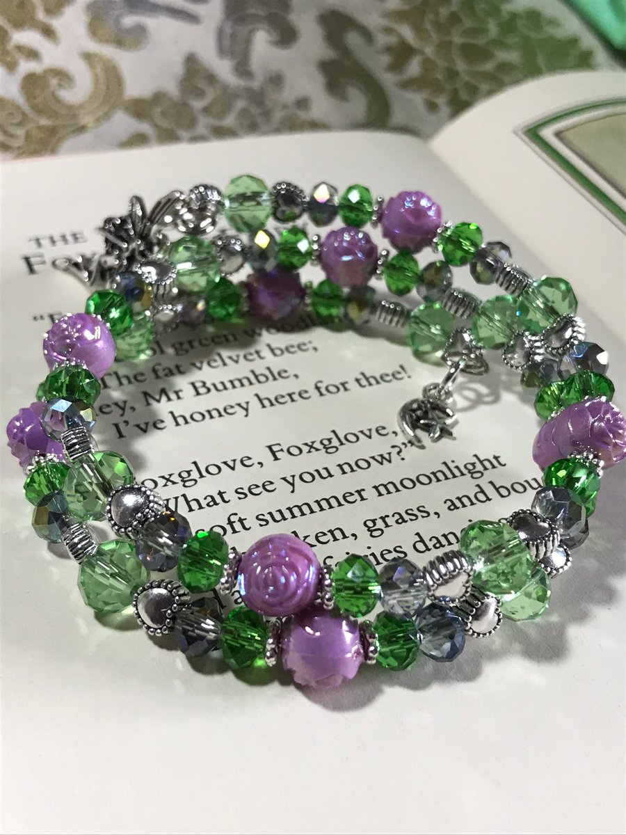 Lilac and Green Beaded Fairy Memory Wire Bracelet