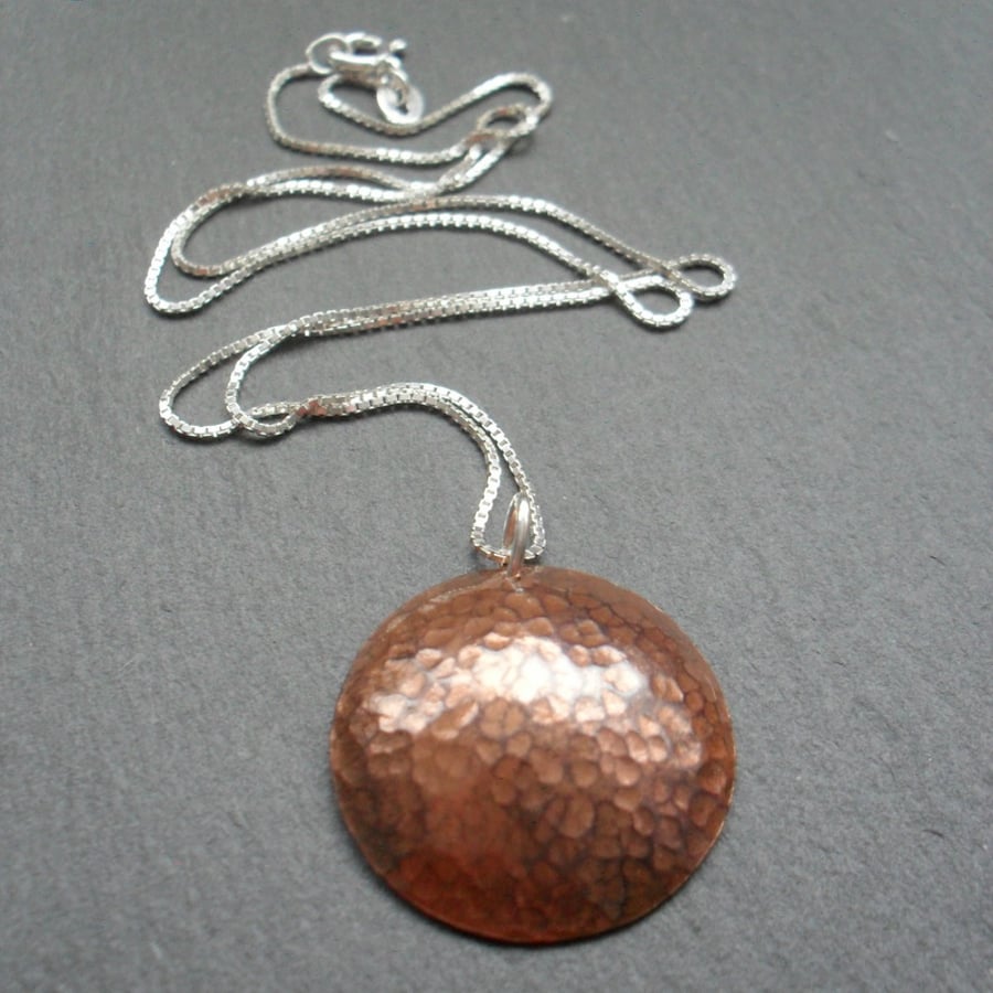  Copper Disc Pendant With Sterling Silver Chain Vintage Style