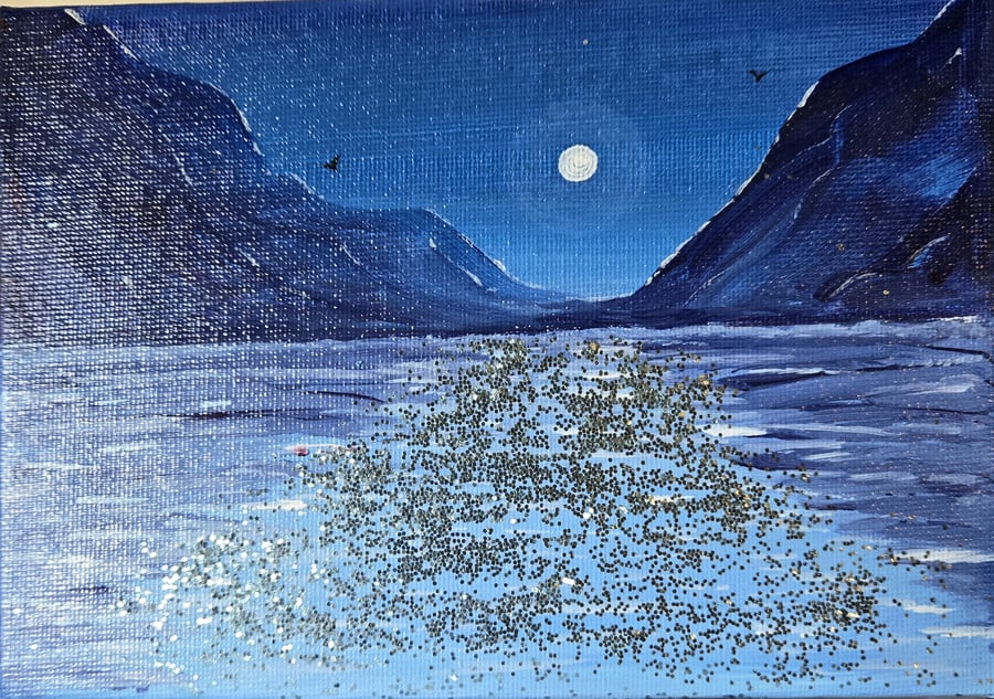 MOUNTAINS & LAKE MOONLIGHT SCENE - 7" x 5"
