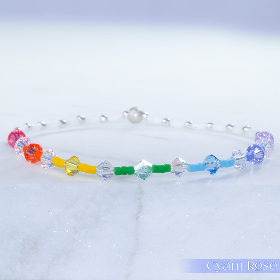 Bracelet Miyuki and Swarovski  in rainbow chakra colours handmade stretchy