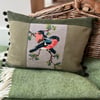 Bullfinch tapestry cushion earthy colours corduroy and tweed with pompoms