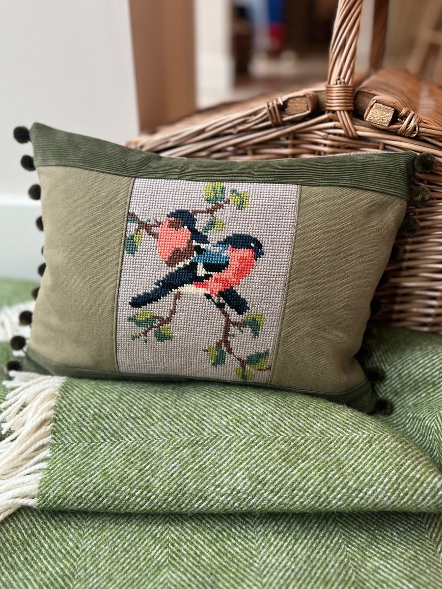 Bullfinch tapestry cushion earthy colours corduroy and tweed with pompoms
