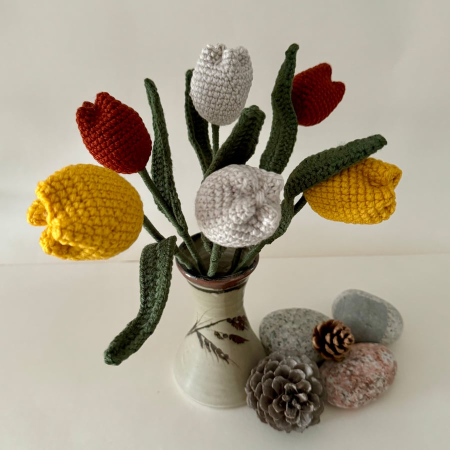 Autumn crochet tulip bouquet, Fall coloured forever flowers