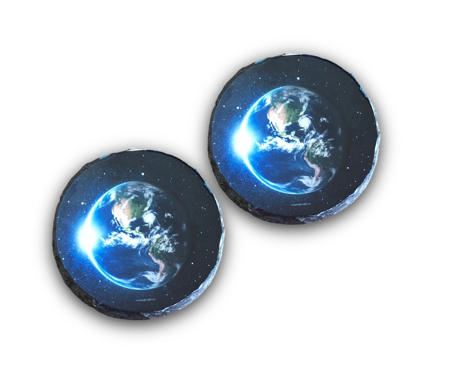 Planet Earth Round Rock Slate Coasters Set Of 2 Coaster Christmas Gift