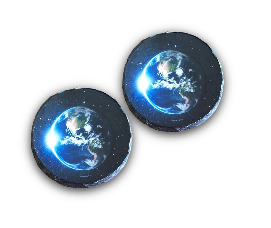 Planet Earth Round Rock Slate Coasters Set Of 2 Coaster Christmas Gift