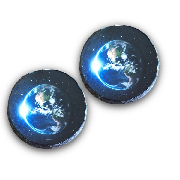 Planet Earth Round Rock Slate Coasters Set Of 2 Coaster Christmas Gift