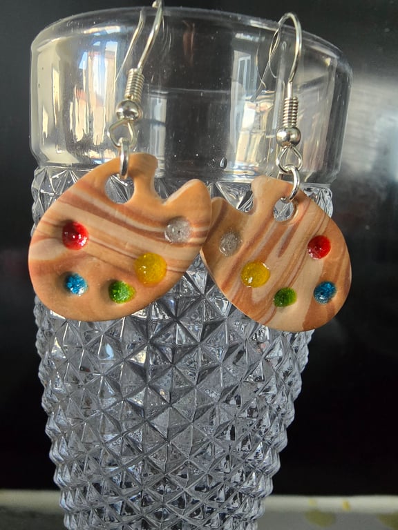 Polymer clay artists pallet earrings earrings on silver plated earhooks