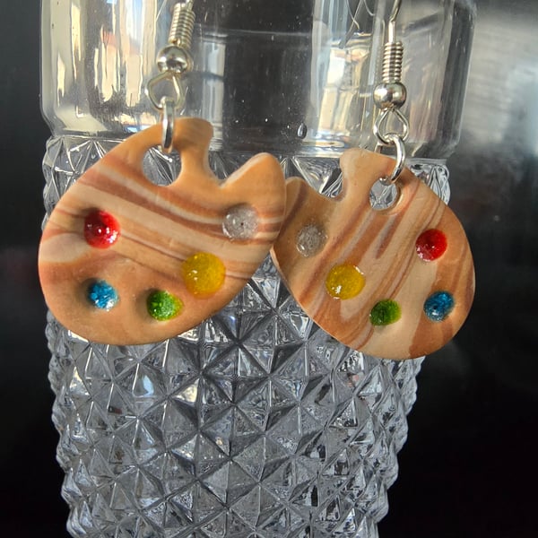 Polymer clay artists pallet earrings earrings on silver plated earhooks