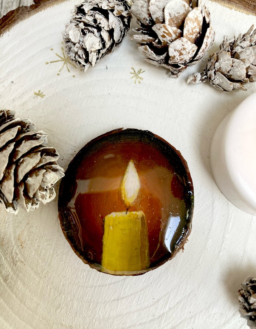 Glowing Candle Painting On Wood Slice Collectable Fridge Magnet Gift