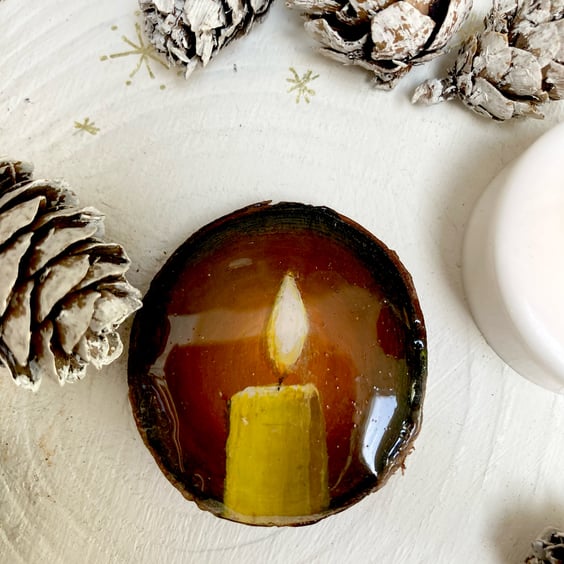 Glowing Candle Painting On Wood Slice Collectable Fridge Magnet Gift