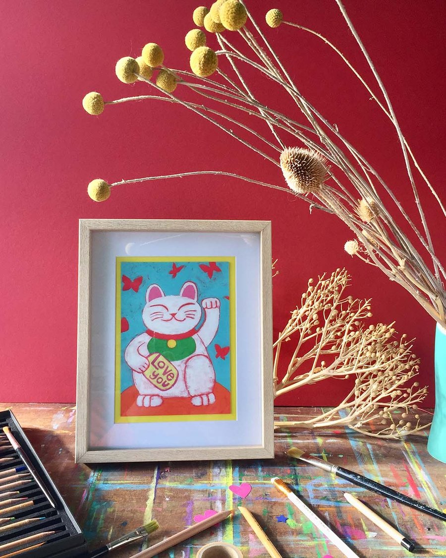 Love You Lucky Cat Mini Digital art print by Jo Brown