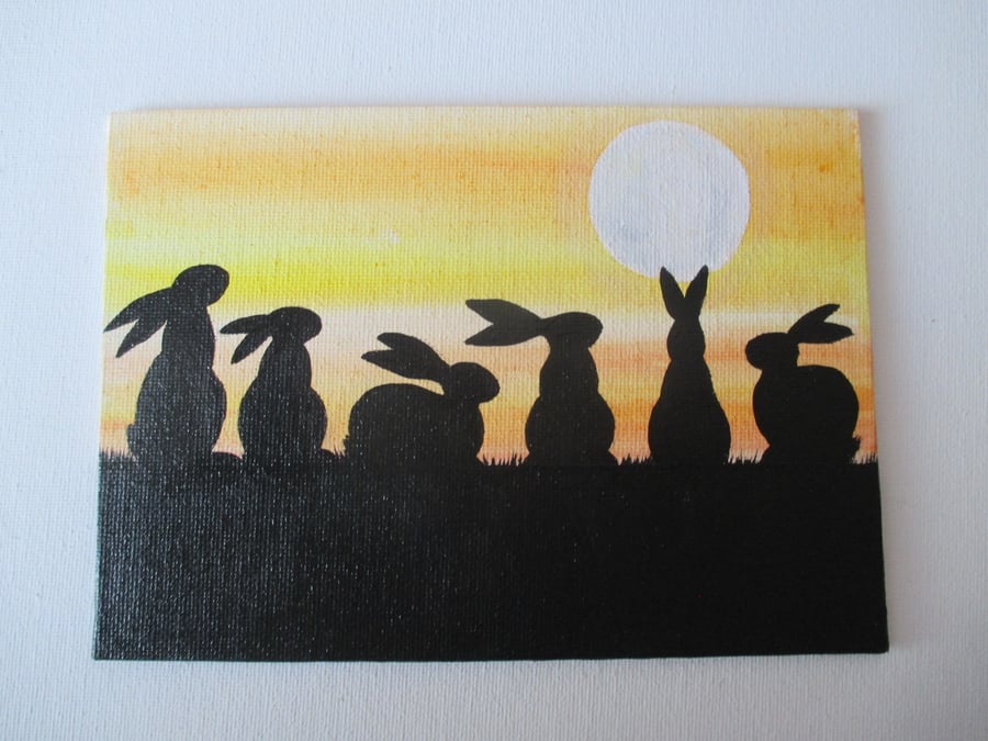 Bunny Rabbit Sunrise Sunset Silhouette Original Acrylic Painting Picture Art