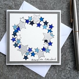 Mini Handpainted Blank Christmas Card Starry Christmas Wreath in Blue and Silver