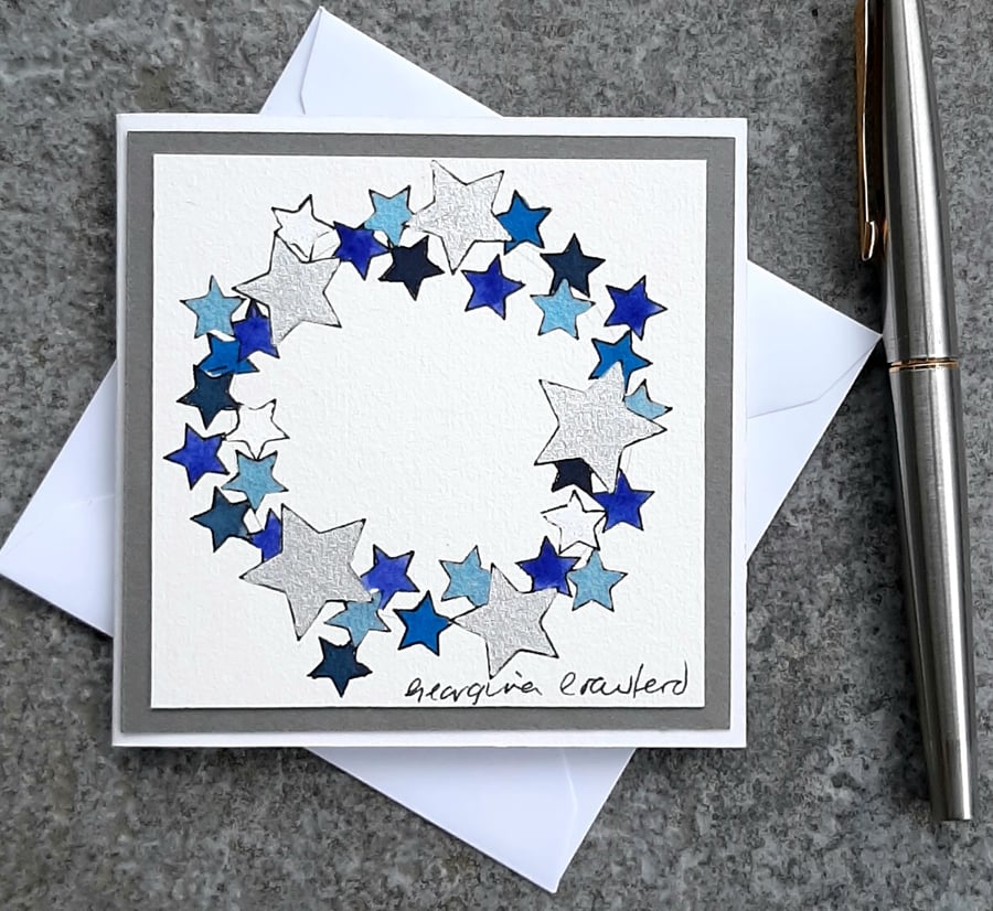 Mini Handpainted Blank Christmas Card Starry Christmas Wreath in Blue and Silver