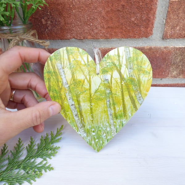 Silver Birch Woodland, Hand Painted Wooden Heart, Nature Gift 