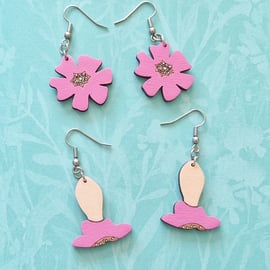 Wooden Flower Dangle Earrings 