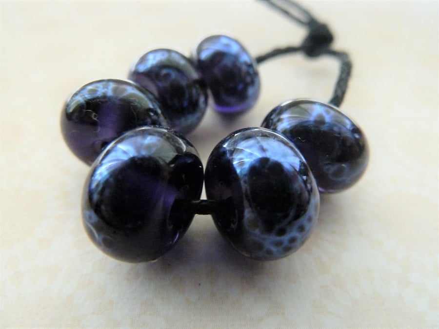 handmade purple and silver frit lampwork glass beads