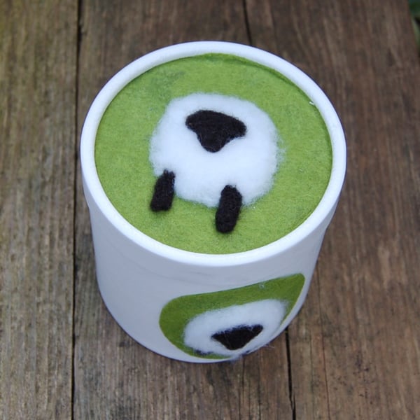 Needle felted Sheep decorated round box.  Gift box, Storage box.
