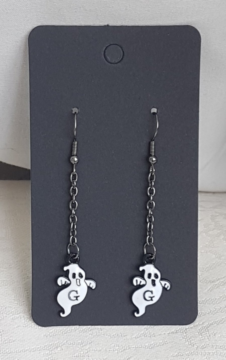 SALE - Small Ghost Charm Dangly Earrings - Dark Metal tones.