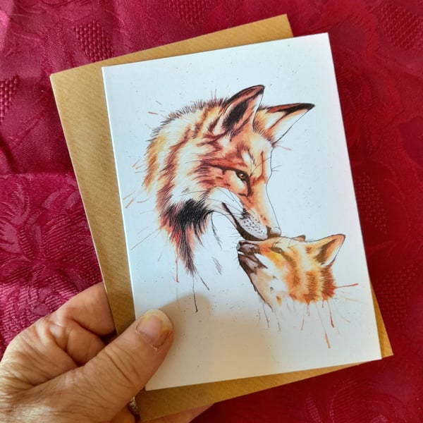 A6 Art Greetings Card, Fox and Cub