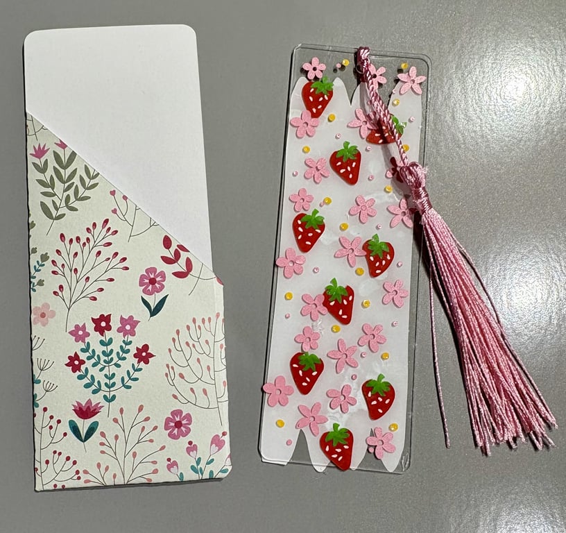 Strawberry Acrylic Bookmark – Handmade Fruit Bookmark with Pink Tassel