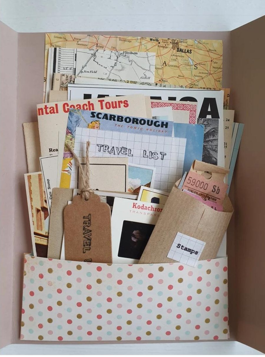 Vintage Ephemera Travel Wallet 35 Pc Tickets Maps Junk Journal Postcard Stamps