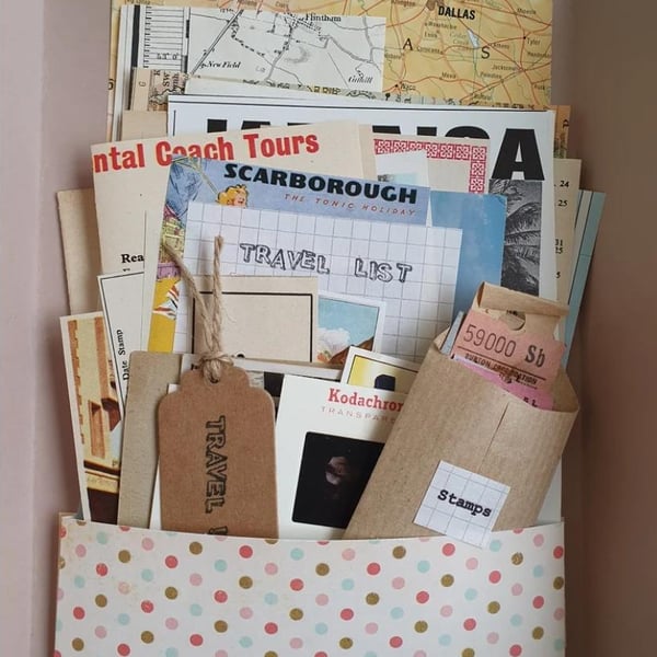 Vintage Ephemera Travel Wallet 35 Pc Tickets Maps Junk Journal Postcard Stamps