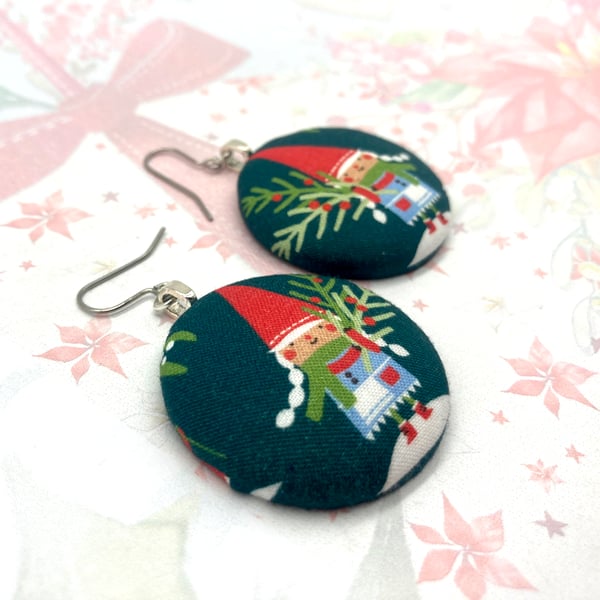 Scandi retro Gnome statement fabric button earrings gifts for her