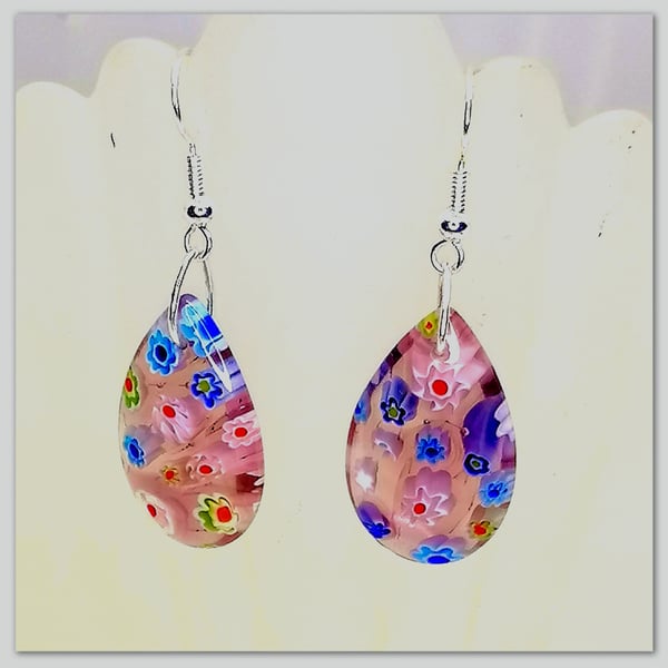 Elegant handmade Italian Venetian Murano purple glass bead drop earrings.