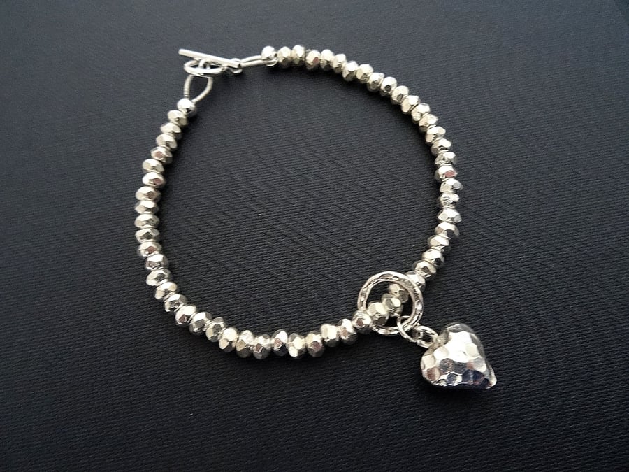 Hilltribe Silver Bracelet, Hammered heart and Faceted Beads.Silver Bracelet.