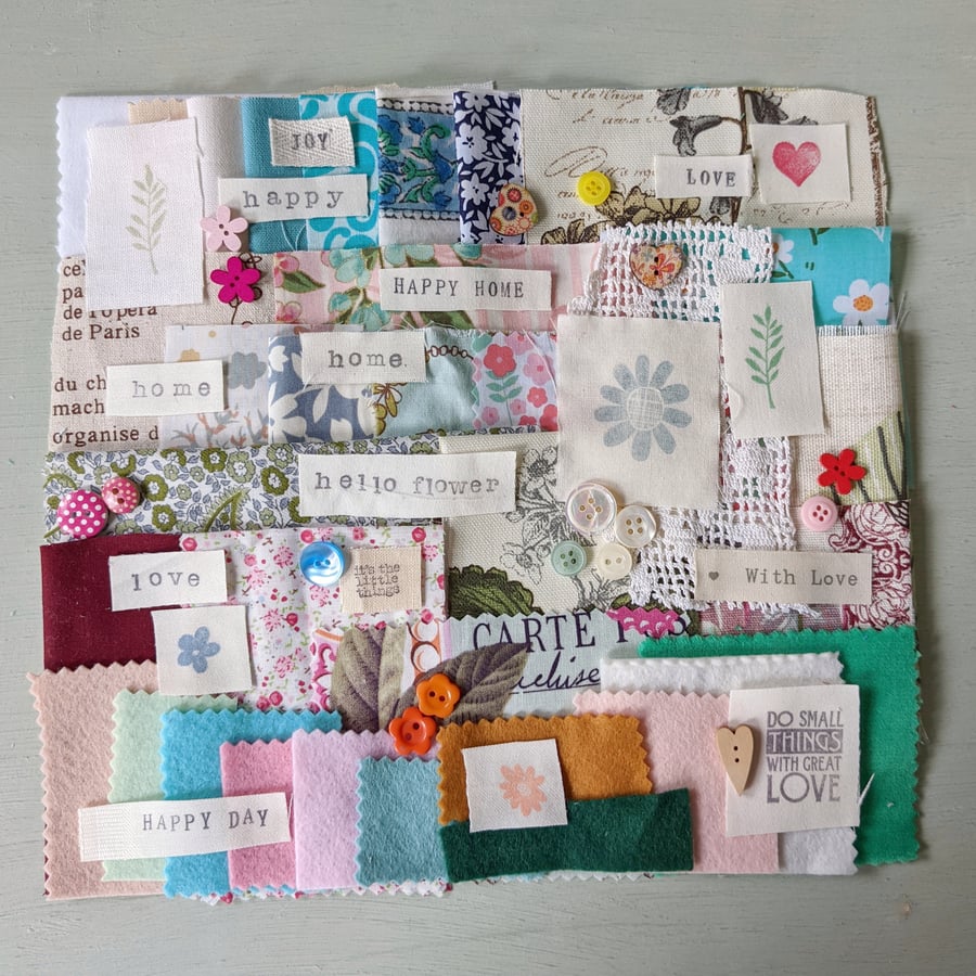 Mindful Slow Stitching Kit, Fabric, Words and Buttons Bundle Foliage 