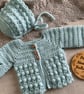 Hand Crocheted Newborn Cardigan & Bonnet Set – Sage Green Baby Outfit - Image 6