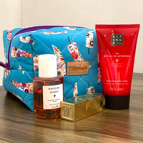 Handmade quilted boxy toiletry, makeup pouch