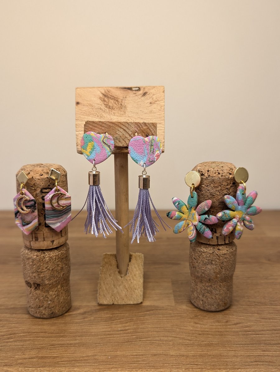 Clip on heart lilac tassel dangles 