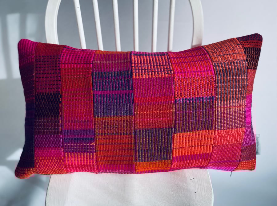 Patchwork 2:Hand woven wool cushion, designed and made by Yvonne Skelton