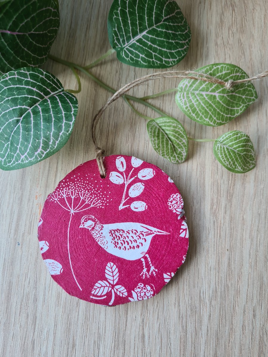 Wood slice decoration decoupage partridge woodland hanging decoration home decor