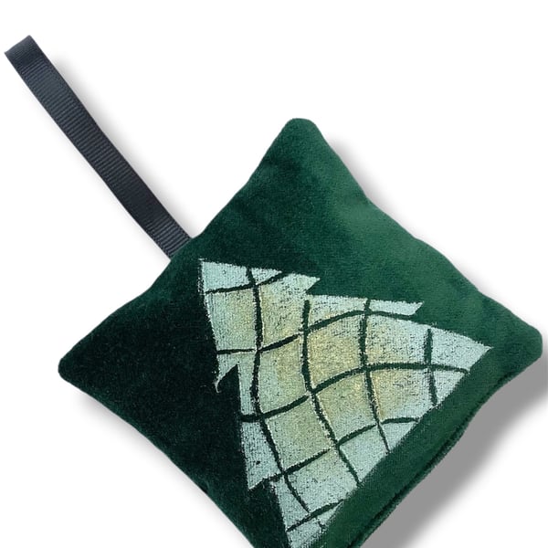 Velvet Lavender Sachet, Hand Printed Lavender Bag, Christmas Tree Ornament 