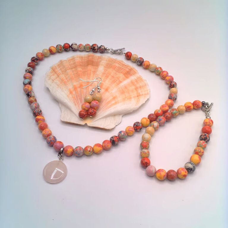 Perfectly Imperfect, Necklace With Rose Quartz Pendant, Bracelet & Earrings 