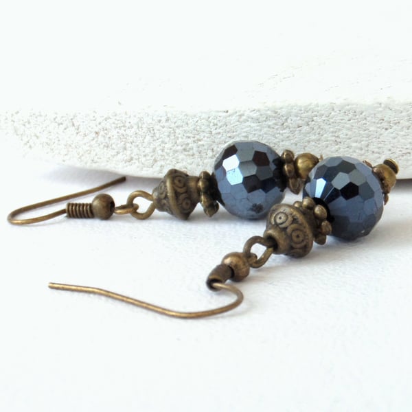 Jet crystal and bronze earrings