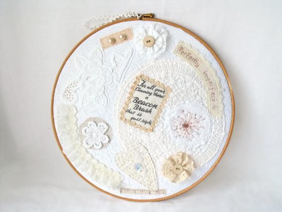 large white cottage chic vintage style mixed media hoop art wall hanging